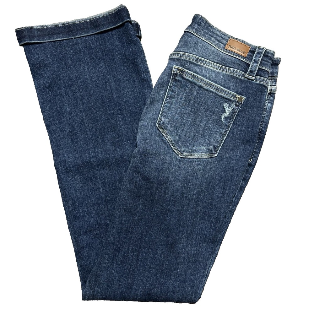 Judy Blue Jeans Womens Mid Rise Destroyed Slim Bootcut Stretch 7/28 Blue Denim
